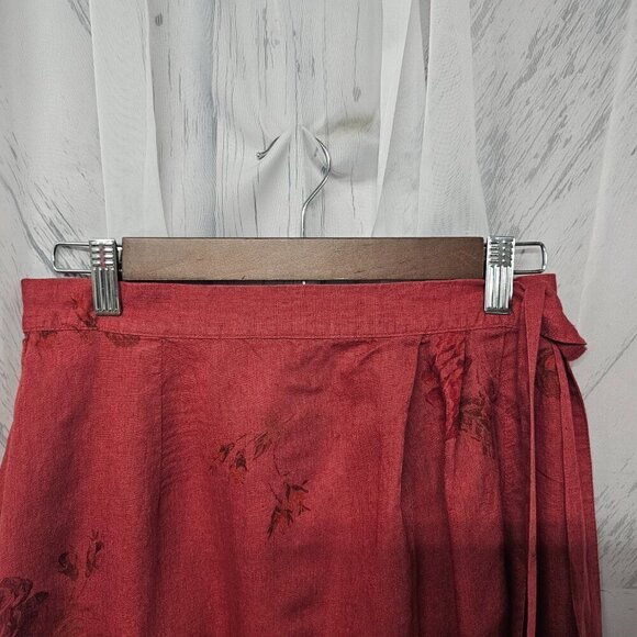 Laura Ashley Rusty Red Floral Skirt Boho Tru Wrap Linen Midi 8 - Picture 2 of 9